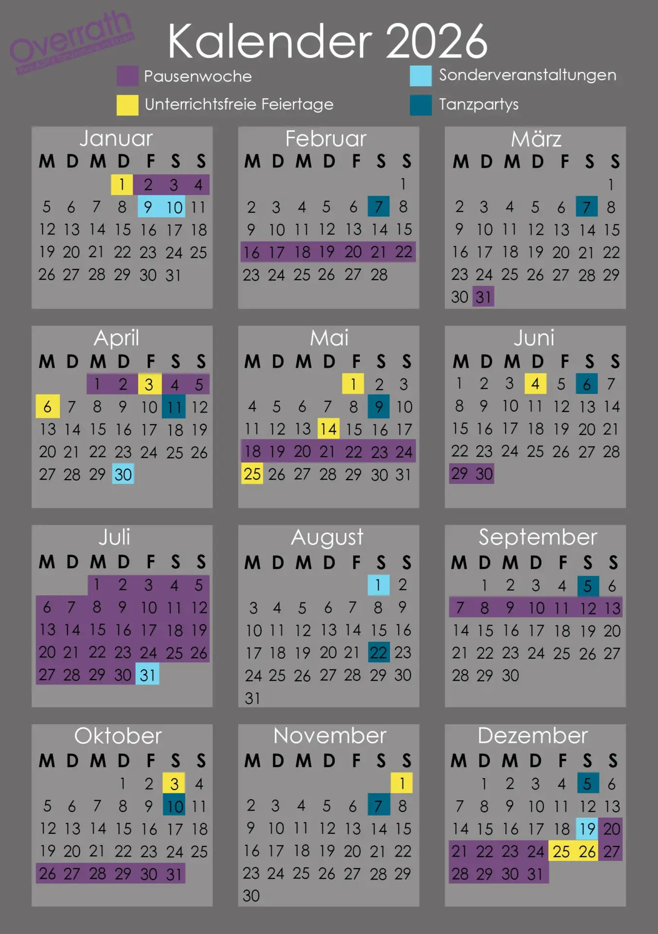 Der Jahreskalender 2026 der Tanzschule Overrath in Essen zeigt Pausenwochen, unterrichtsfreie Feiertage, Sonderveranstaltungen und Tanzpartys.