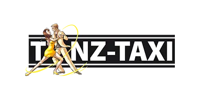 Mit schwarzem und gelbem Design zeigt das Tanz-Taxi-Logo von Tanzschule Overrath in Essen ein tanzendes Paar und den Schriftzug Tanz-Taxi.