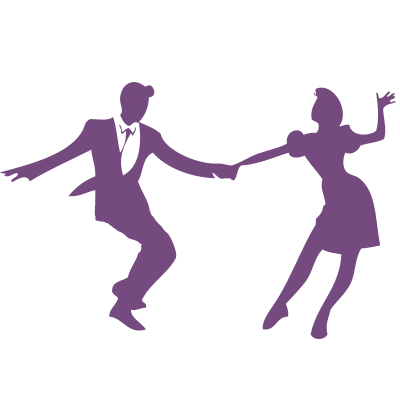 Ein lilafarbener Balken mit weißen Rändern verweist auf Rock’n’Roll 1 bei der Tanzschule Overrath in Essen und die Swing-Workshops.
