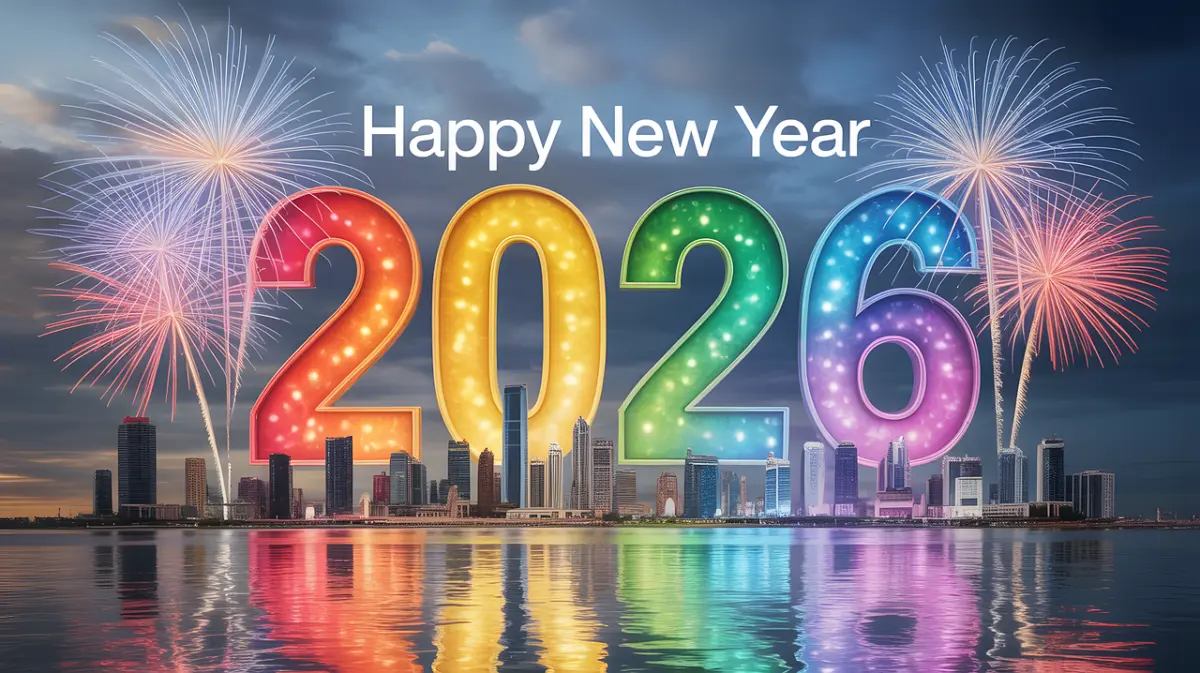 Zum Jahreswechsel zeigt sich "Happy New Year 2026" über einer funkelnden Skyline mit bunten Feuerwerken und spiegelnden Lichtern im Wasser.