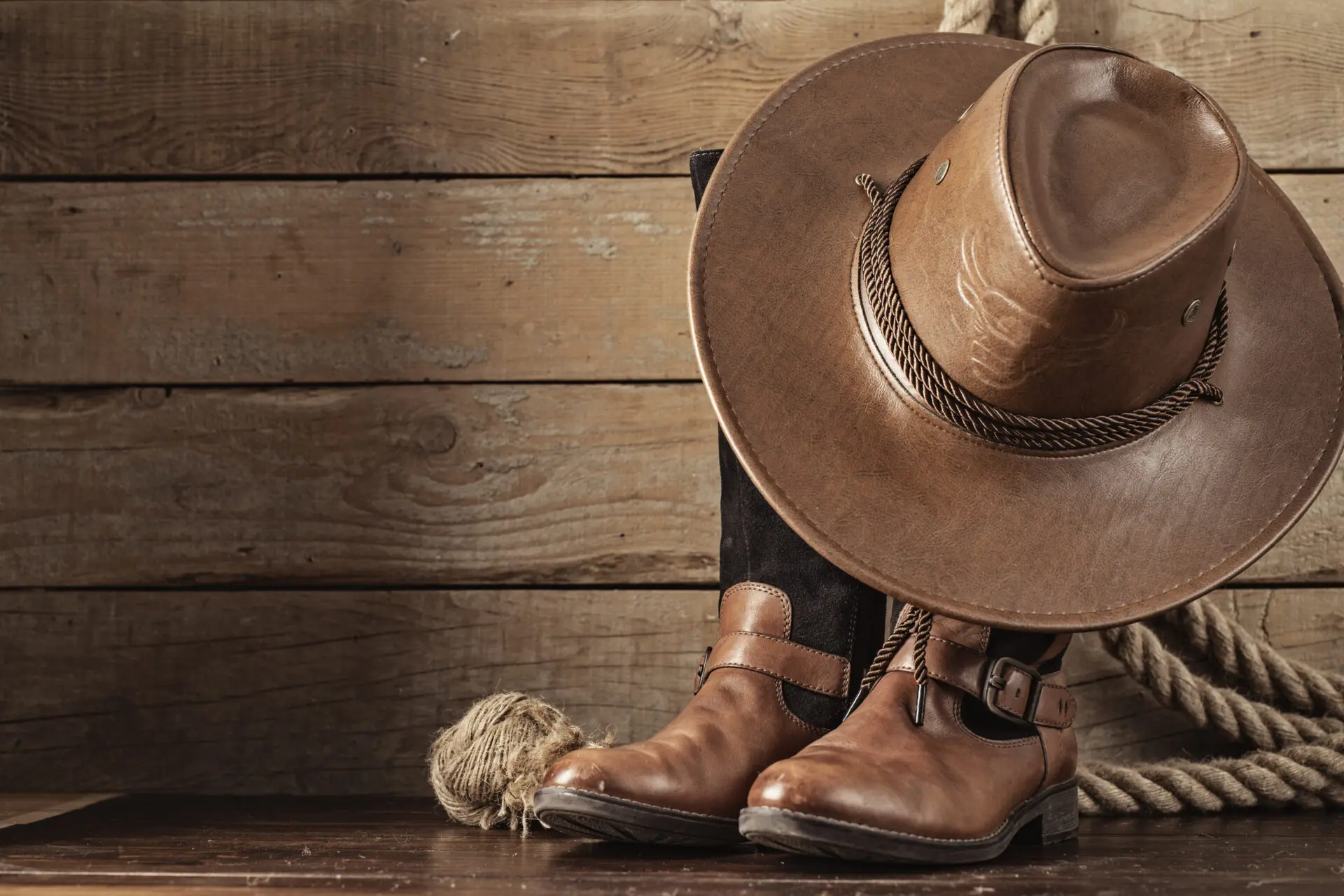 Brauner Cowboyhut und Lederstiefel liegen vor einer rustikalen Holzwand, dazu Seile und Western-Details für einen authentischen Country-Look.