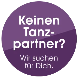 Ein lila rundes Hinweis-Schild mit der Aufschrift „Keinen Tanzpartner? Wir suchen für Dich.“ vor weißem Hintergrund und markantem Kontrast.